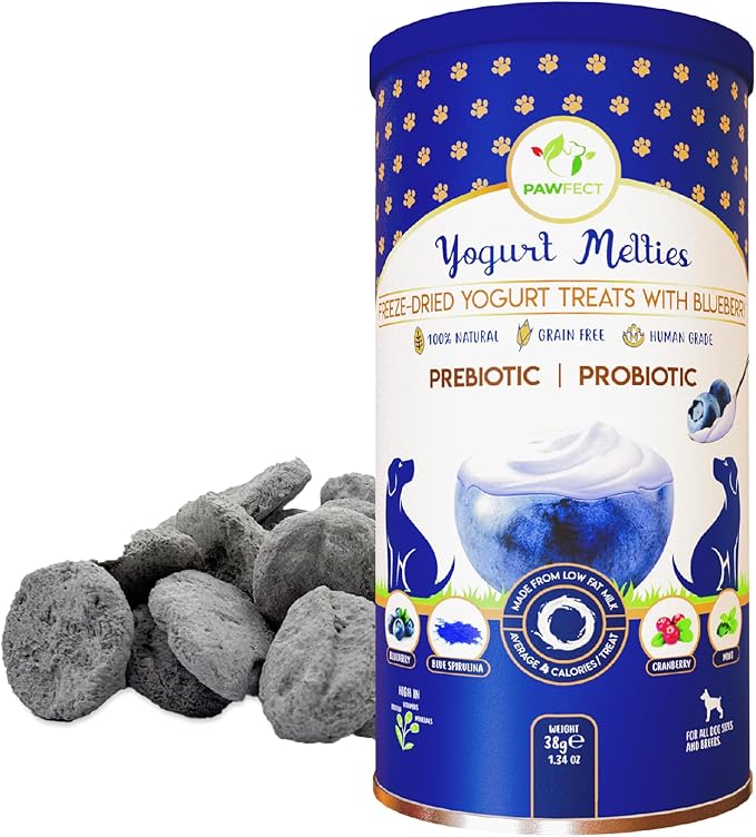 Pawfect Nature's Meltie's Freeze Dried yoghurt with Blueberry, Cranberry, Blue Spirulina & Mint.  38g