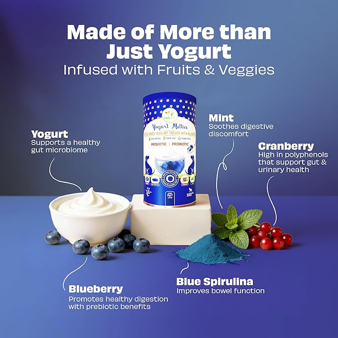 Pawfect Nature's Meltie's Freeze Dried yoghurt with Blueberry, Cranberry, Blue Spirulina & Mint.  38g